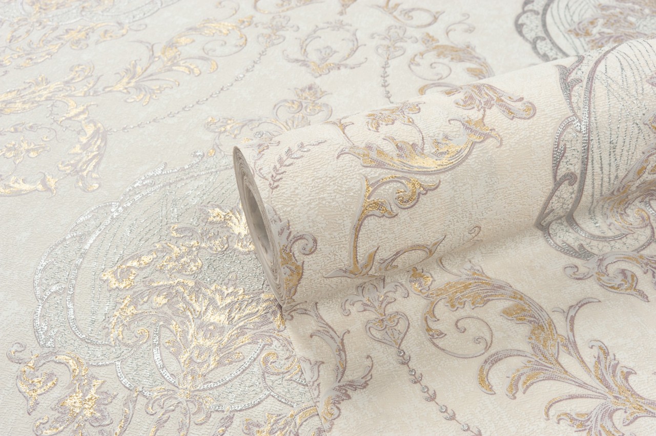 Vinyl Foam wallpaper on non-woven base Vinil Malena DHV-1484/1 Golden-White 10,05 x 1,06 m